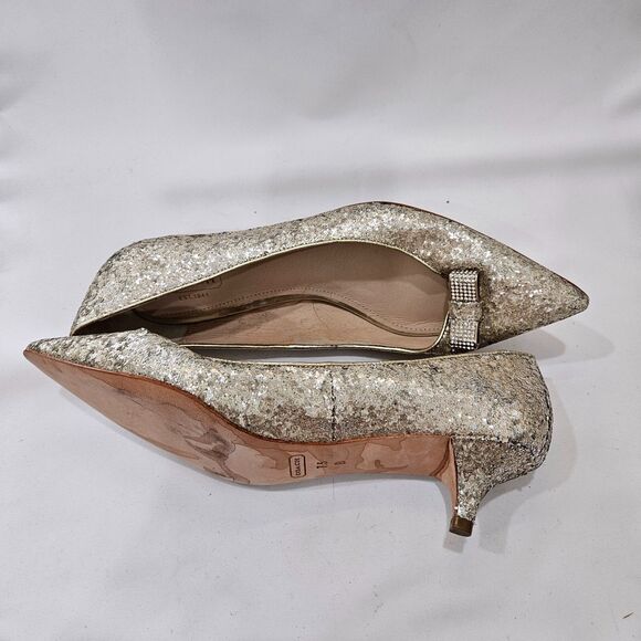 Coach Womens Monroe Sequin Bow Kitten Heels Size 7.5B Silver Low Heeled Shoes - Picture 12 of 14